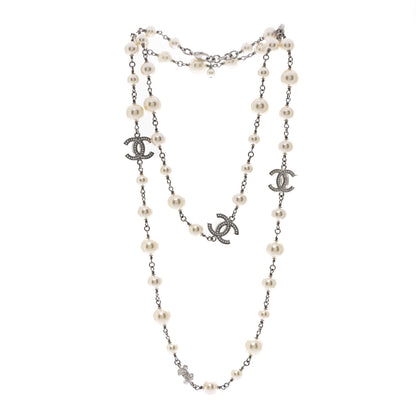 Chanel Crystal Pearl CC Long Necklace Silver 3 of 6
