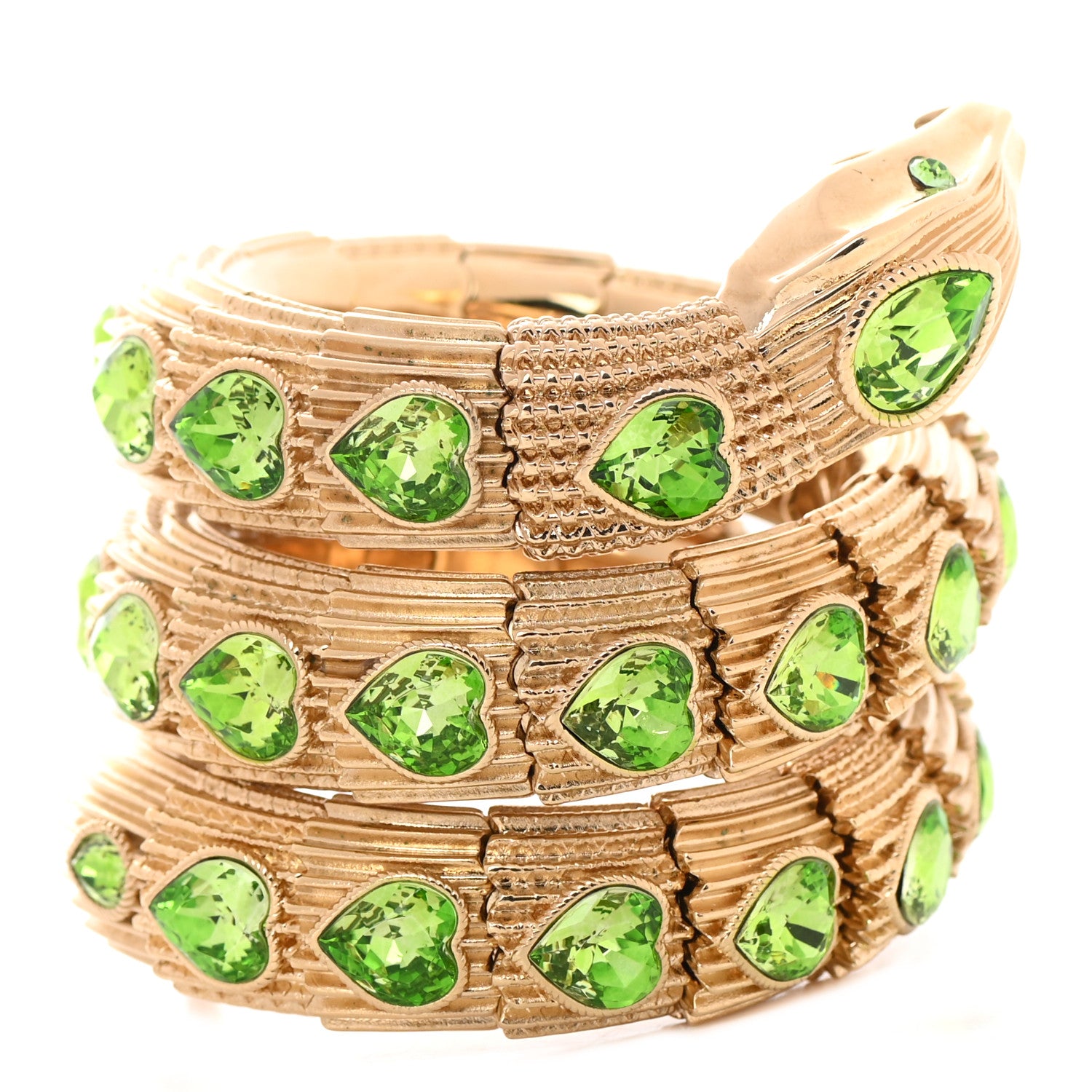 Gucci Crystal Heart Triple Wrap Snake Bracelet M Green Gold 1 of 6