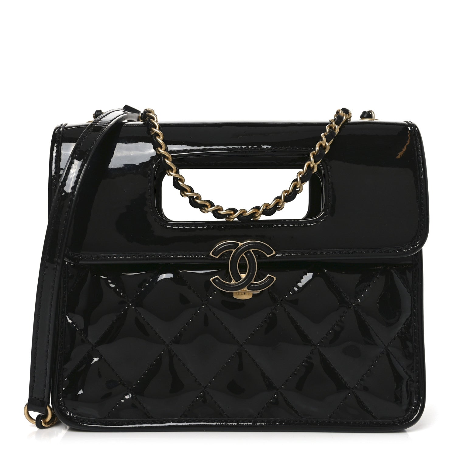 Chanel Patent Quilted Mini Graphic Catch Flap Black 1 of 10