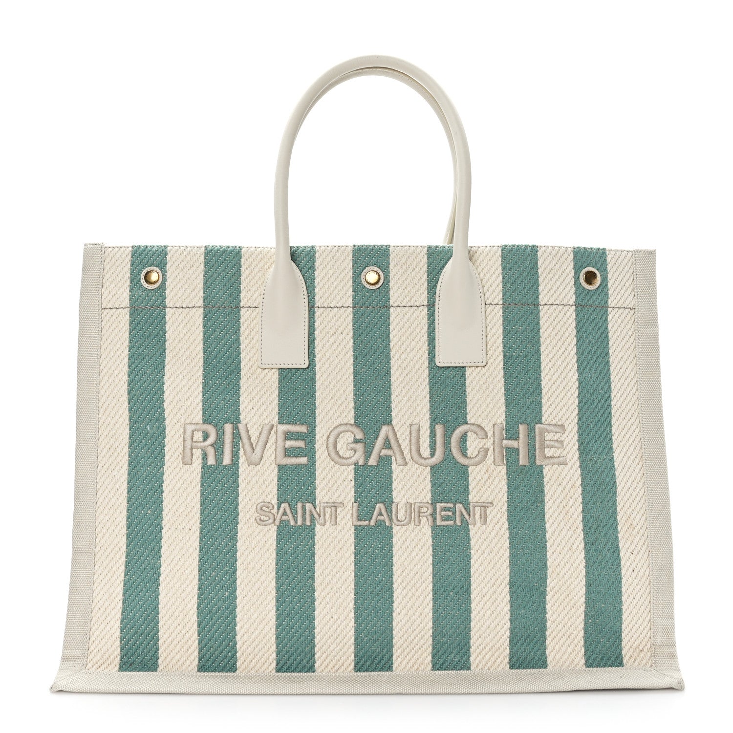 Saint Laurent Cotton Linen Calfskin Striped Rive Gauche Tote Water Green 1 of 9