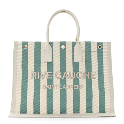 Saint Laurent Cotton Linen Calfskin Striped Rive Gauche Tote Water Green 1 of 9