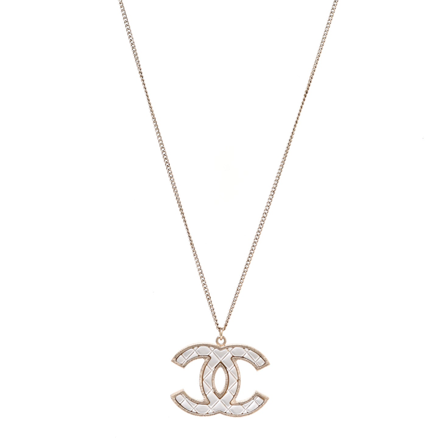 Metal Quilted CC Pendant Necklace Gold White