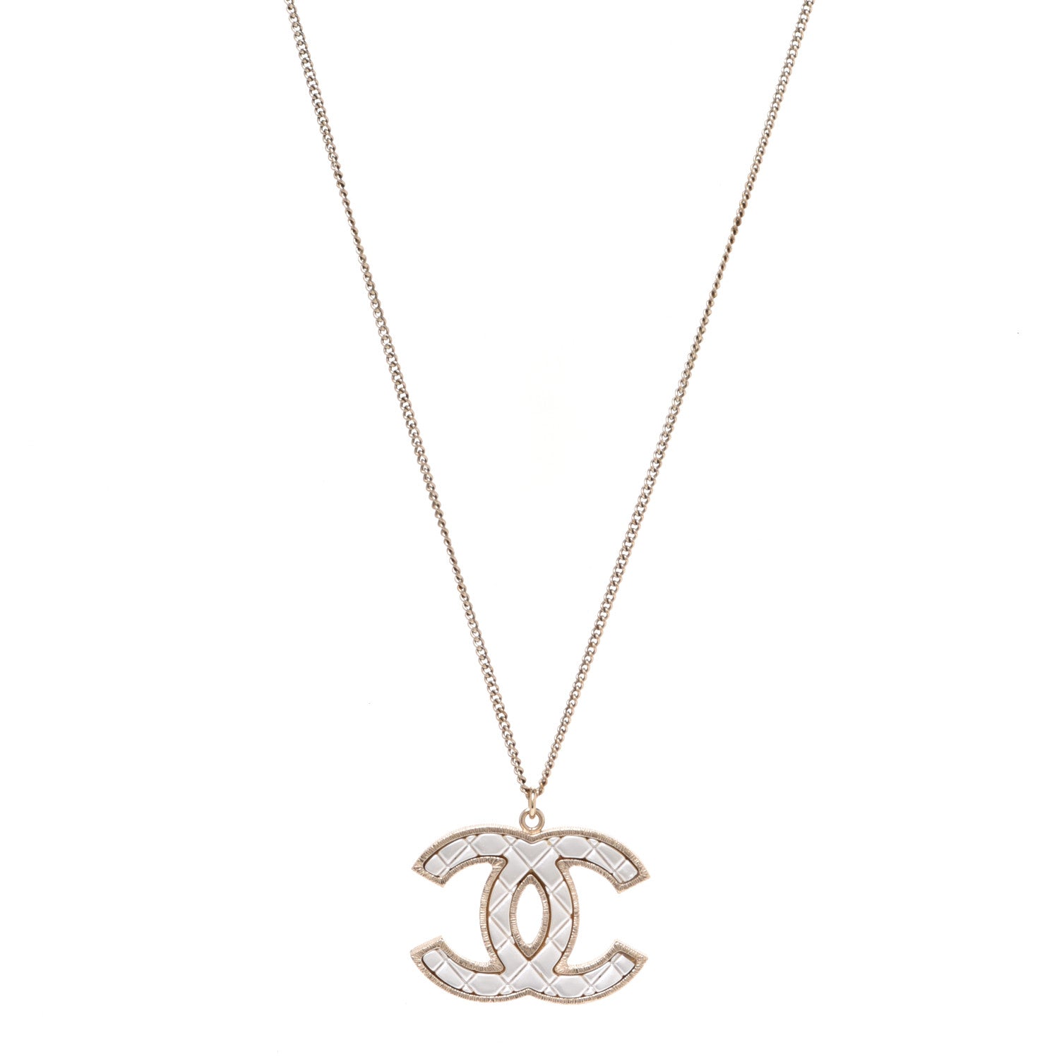 Chanel Metal Quilted CC Pendant Necklace Gold White 1 of 5
