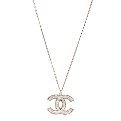 Chanel Metal Quilted CC Pendant Necklace Gold White 1 of 5