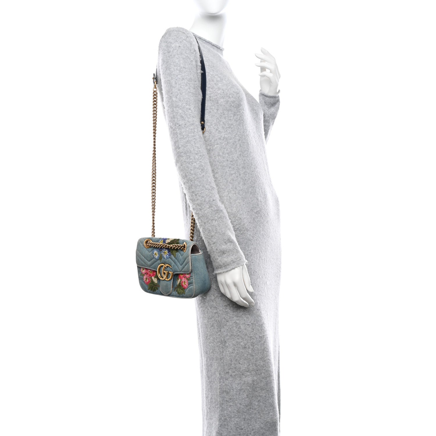 Gucci Denim Matelasse Floral Embroidered Mini GG Marmont Shoulder Bag Blue 2 of 12