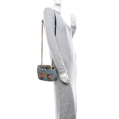 Gucci Denim Matelasse Floral Embroidered Mini GG Marmont Shoulder Bag Blue 2 of 12