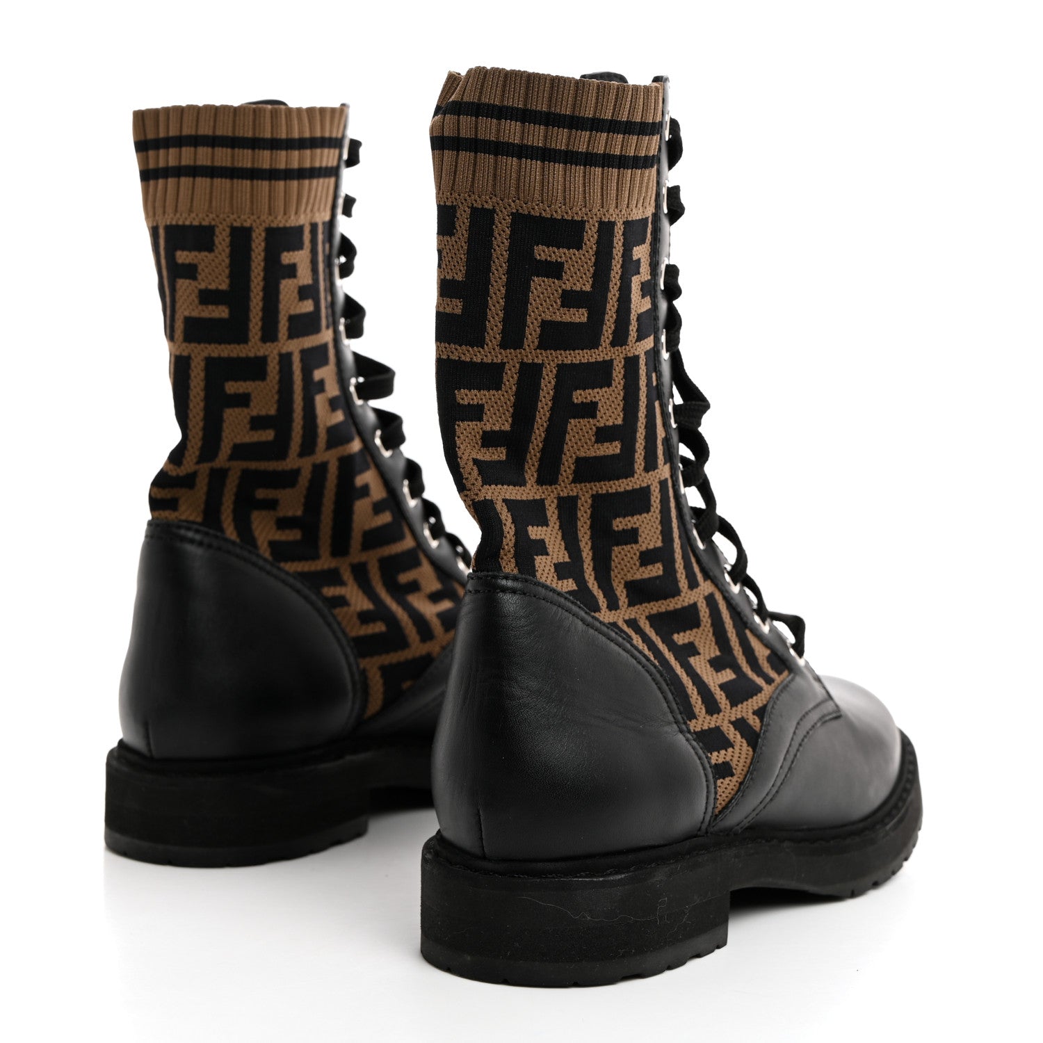Fendi Calfskin Stretch Fabric FF Rockoko Biker Boots 38.5 Black Tobacco 4 of 7