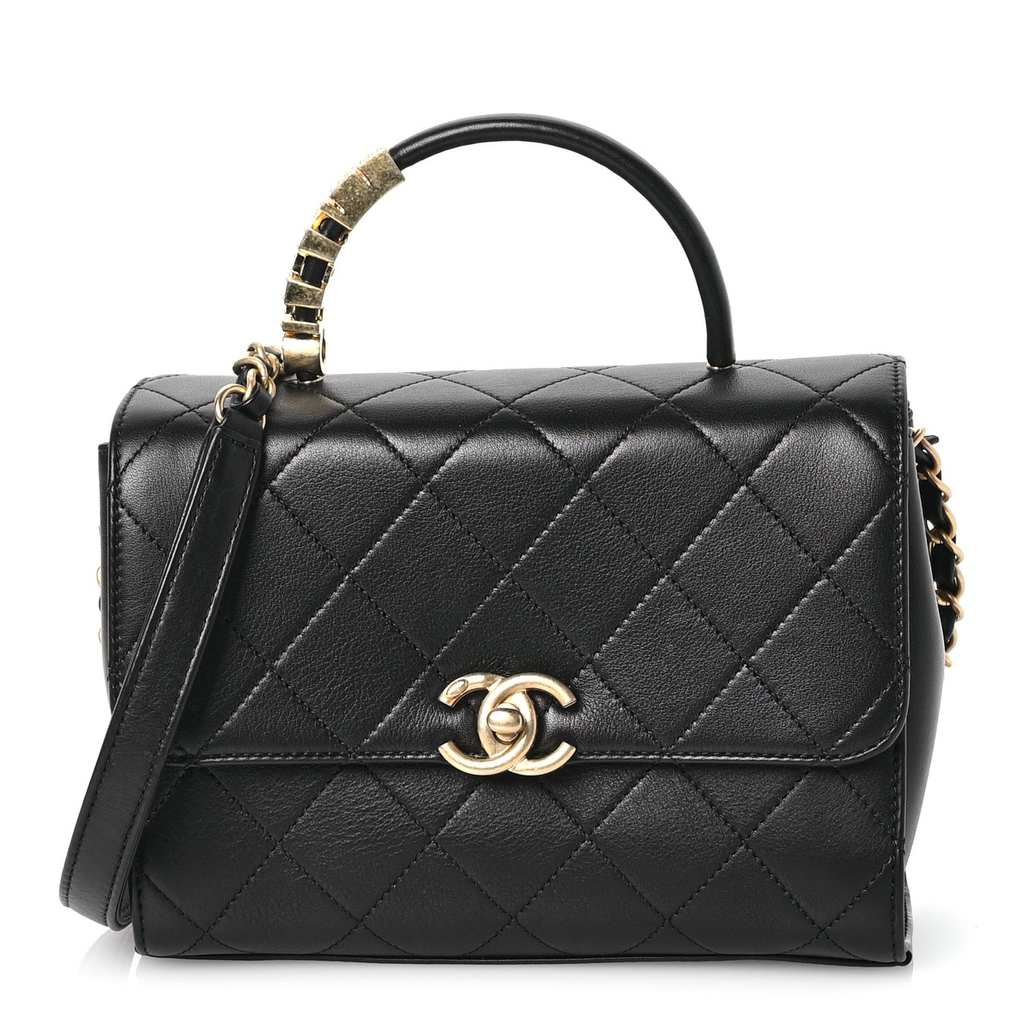 Lambskin Stitched Pearl Logo Top Handle Flap Black