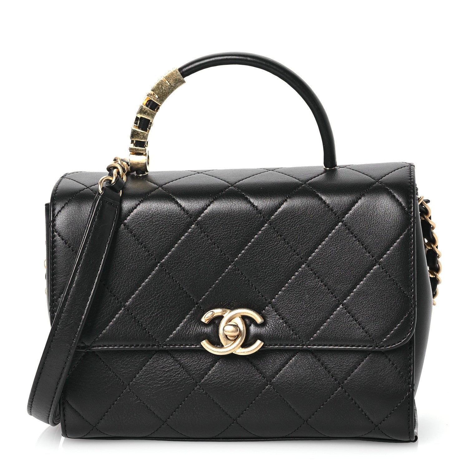 Chanel Lambskin Stitched Pearl Logo Top Handle Flap Black 1 of 12