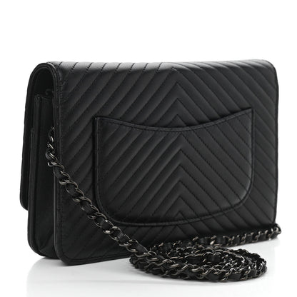 Chanel Lambskin Chevron Quilted Wallet On Chain WOC So Black 3 of 14