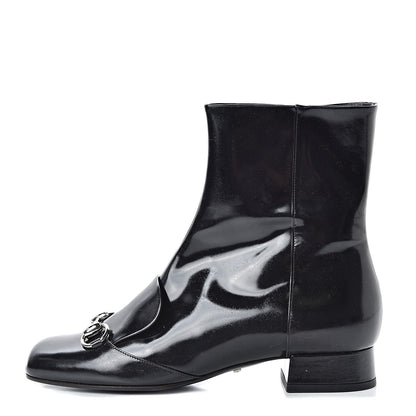 Gucci Patent Calfskin Womens Lilian Horsebit Ankle Boots 37 Black 1 of 11