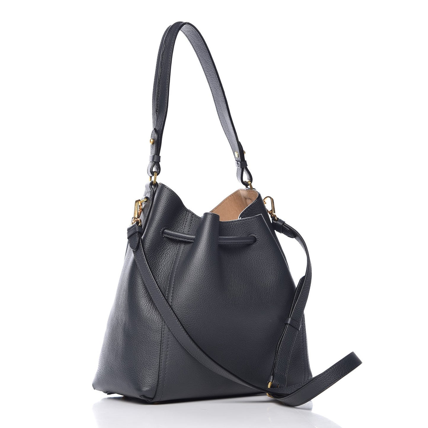 Grained Calfskin Milla Drawstring Bucket Bag Phantom Gray