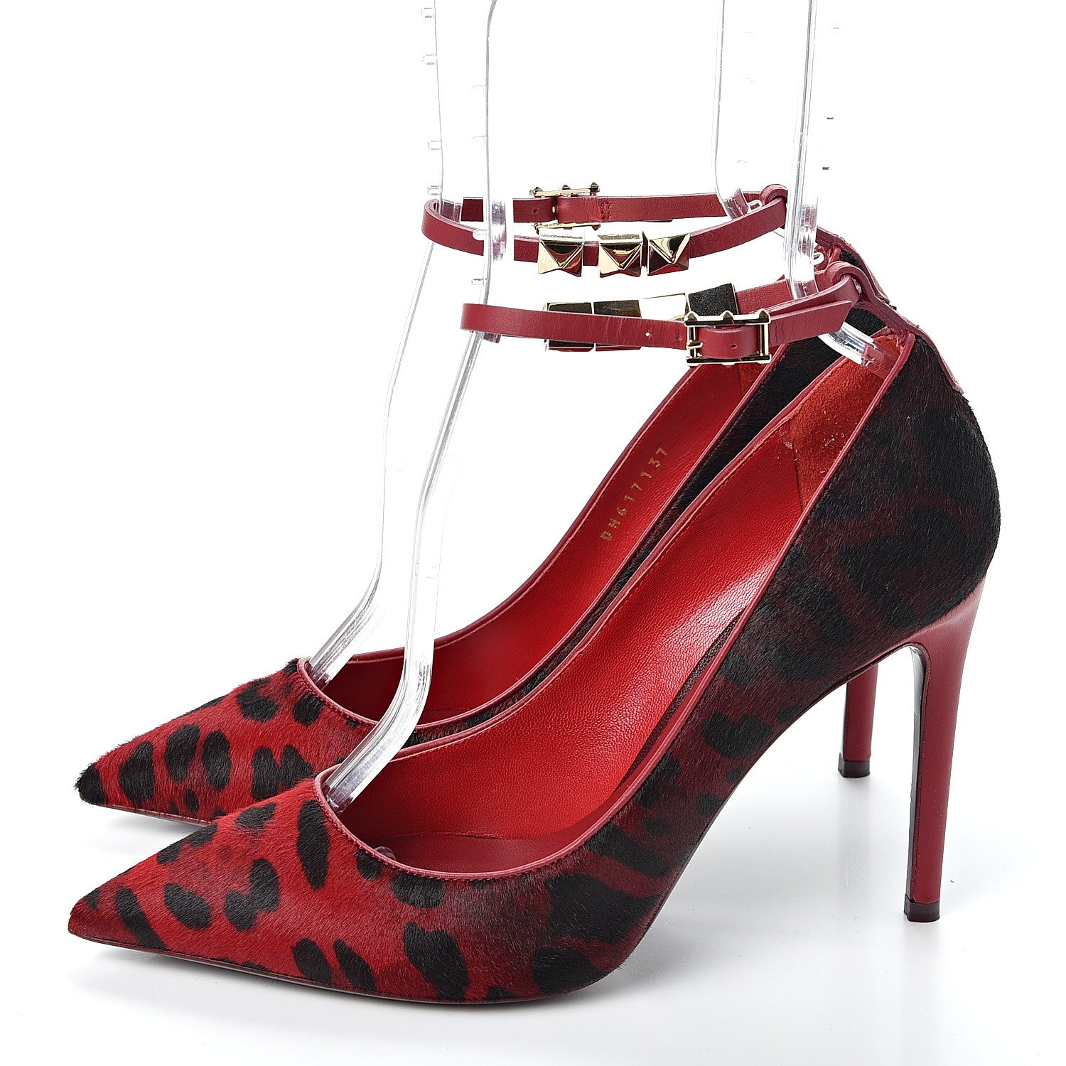 Valentino Garavani Calf Hair Leopard Print Rouge Absolute Rockstud Ankle Strap Pumps 37 Red Black 3 of 10