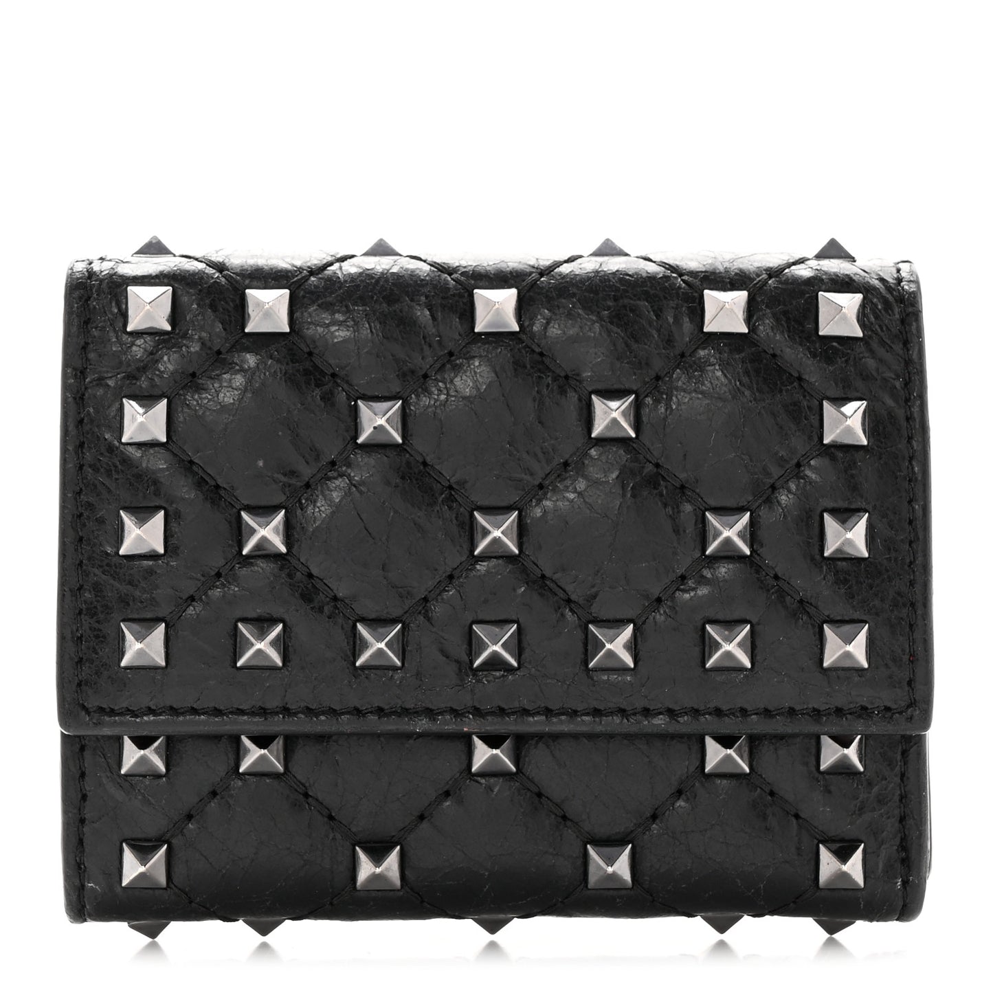 Craquele Nappa Rockstud Spike Bi-Fold Card Holder Black
