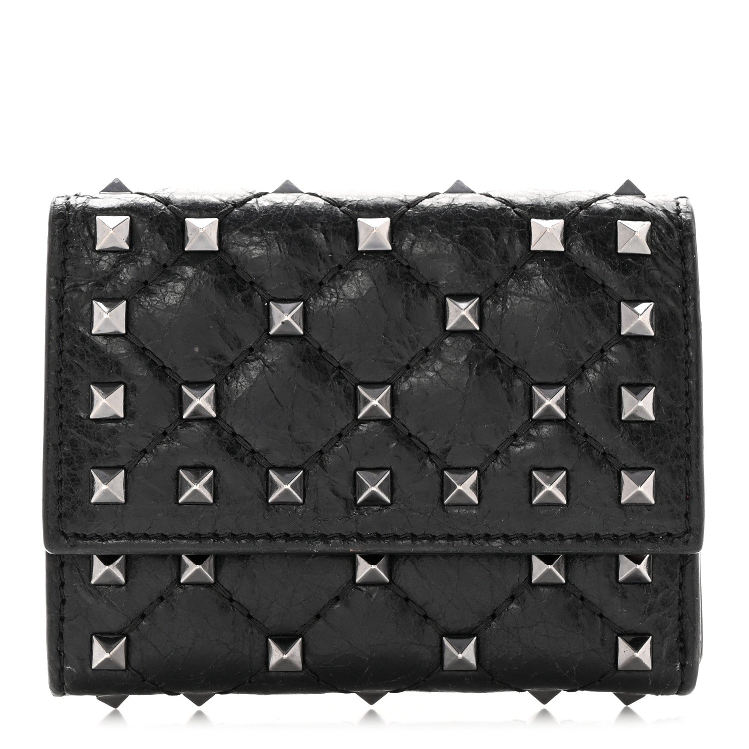 Valentino Garavani Craquele Nappa Rockstud Spike Bi-Fold Card Holder Black 1 of 6