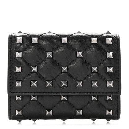 Valentino Garavani Craquele Nappa Rockstud Spike Bi-Fold Card Holder Black 1 of 6