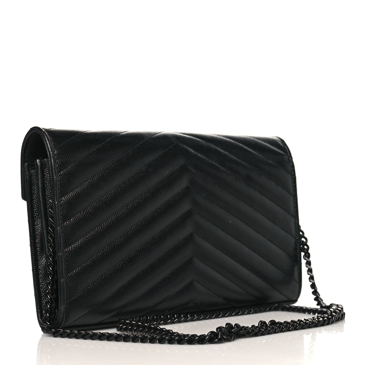 Saint Laurent Grain De Poudre Matelasse Chevron Monogram Chain Wallet Black 2 of 8