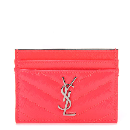 Saint Laurent Grain De Poudre Matelasse Chevron Monogram Credit Card Case Neon Pink 1 of 7
