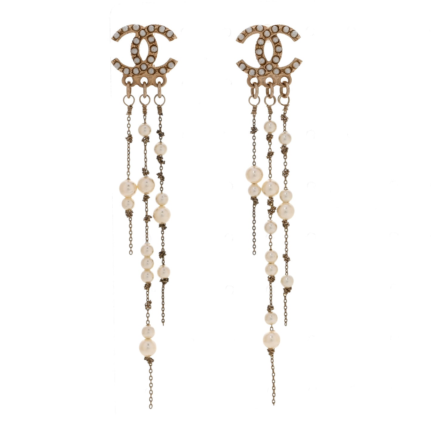 Pearl CC Long Chain Drop Earrings Gold
