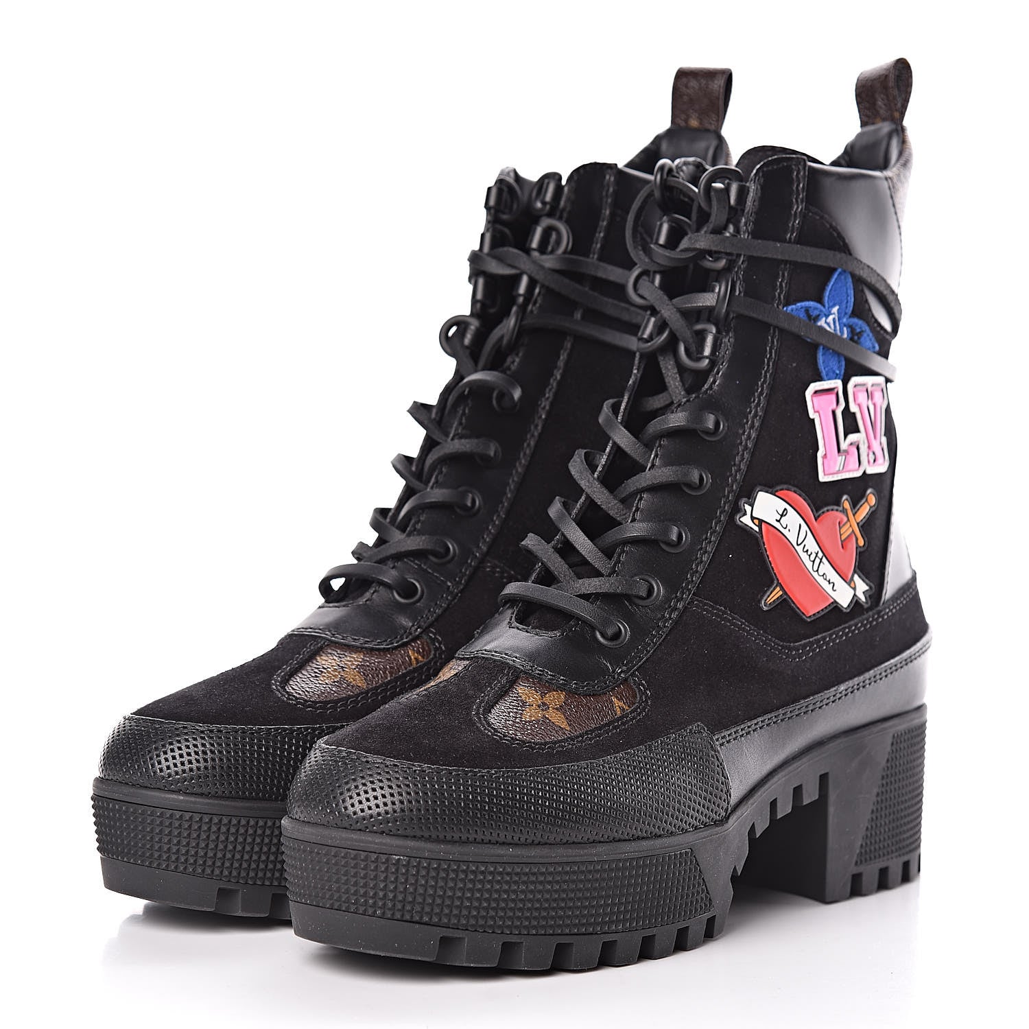 Louis Vuitton Suede Calfskin Monogram LV Black Heart Laureate Platform Desert Boots 37 Black 3 of 9