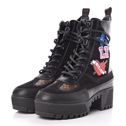 Louis Vuitton Suede Calfskin Monogram LV Black Heart Laureate Platform Desert Boots 37 Black 3 of 9
