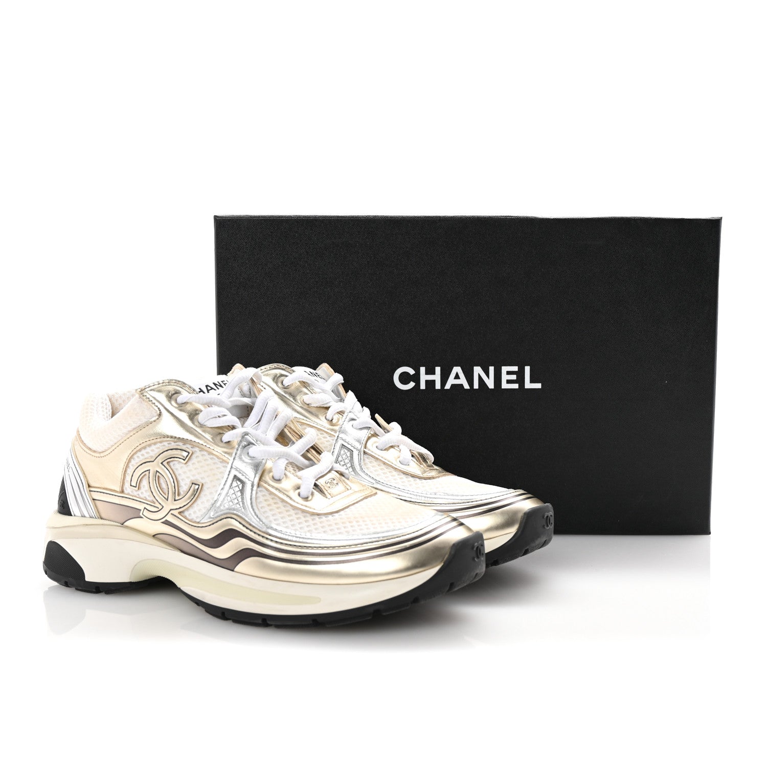 Chanel Fabric Laminated Calfskin Stretch CC Sneakers 38.5 White Gold Silver 10 of 10