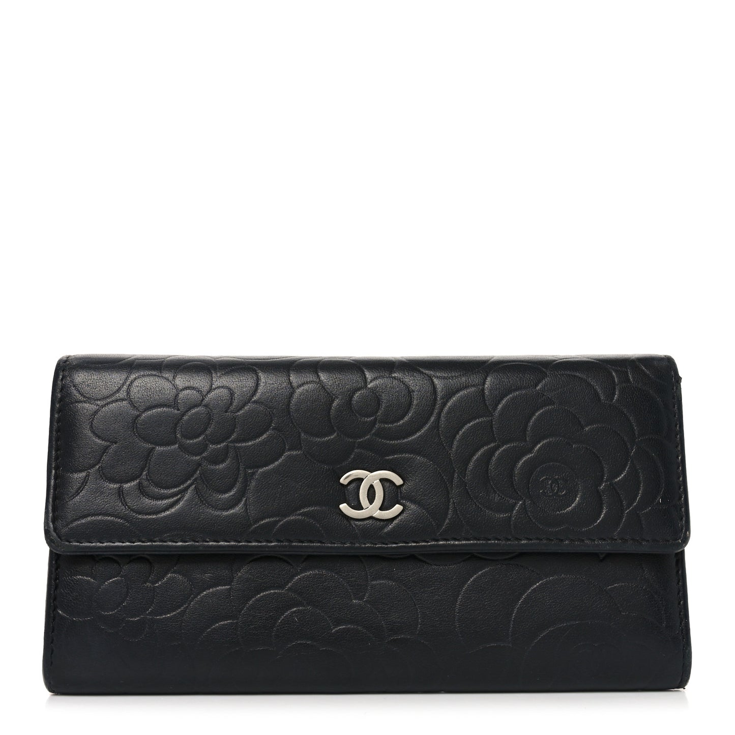 Lambskin Embossed Camellia Large Gusset Flap Wallet Black