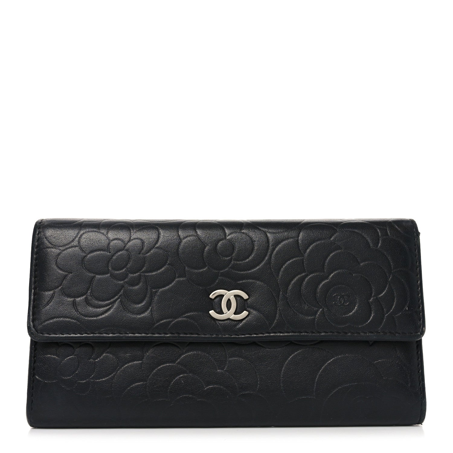 Chanel Lambskin Embossed Camellia Large Gusset Flap Wallet Black 1 of 10