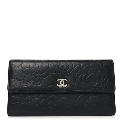 Chanel Lambskin Embossed Camellia Large Gusset Flap Wallet Black 1 of 10