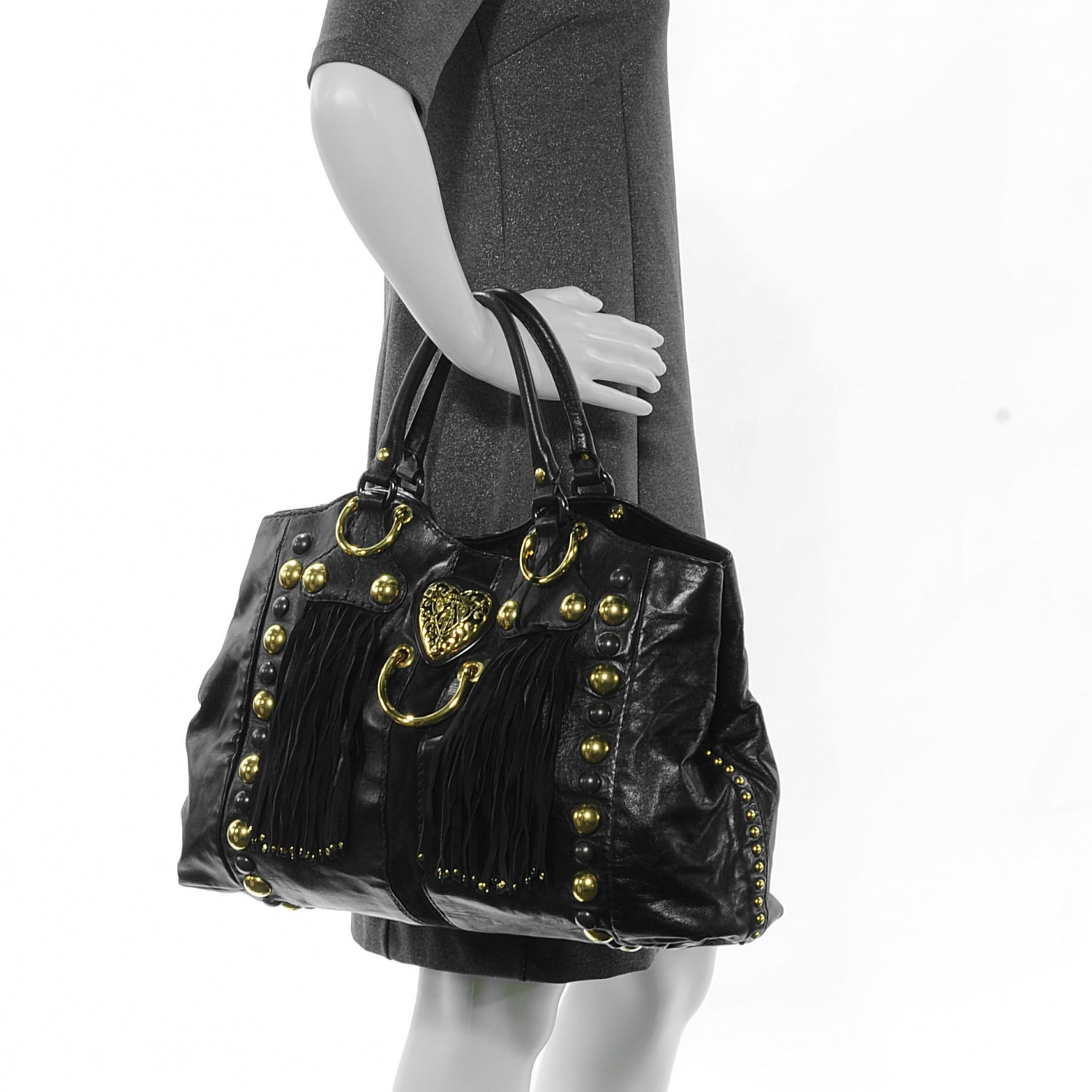 Gucci Leather Suede Fringe Large Babouska Tote Black 2 of 9