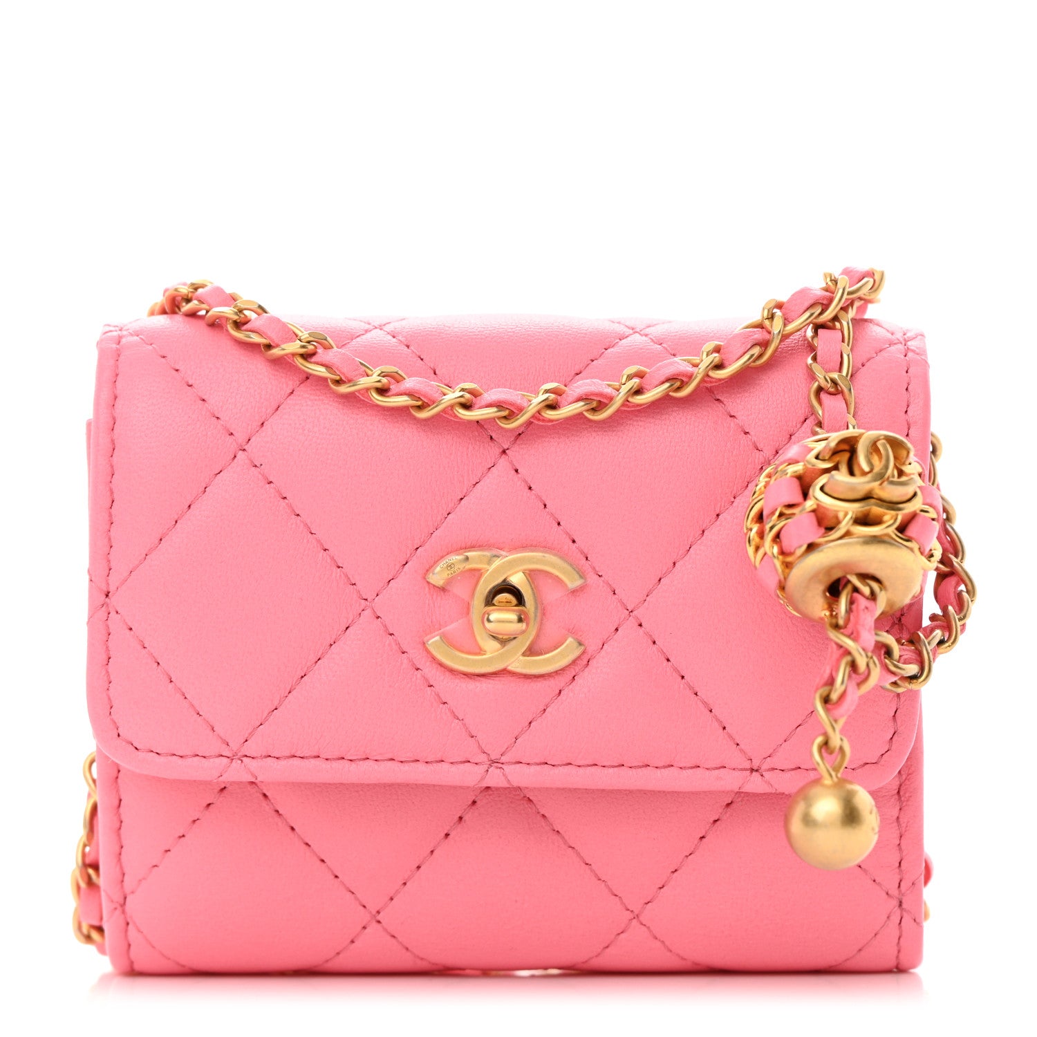 Chanel Lambskin Quilted Pearl Crush Card Holder With Chain Pink 1 of 11