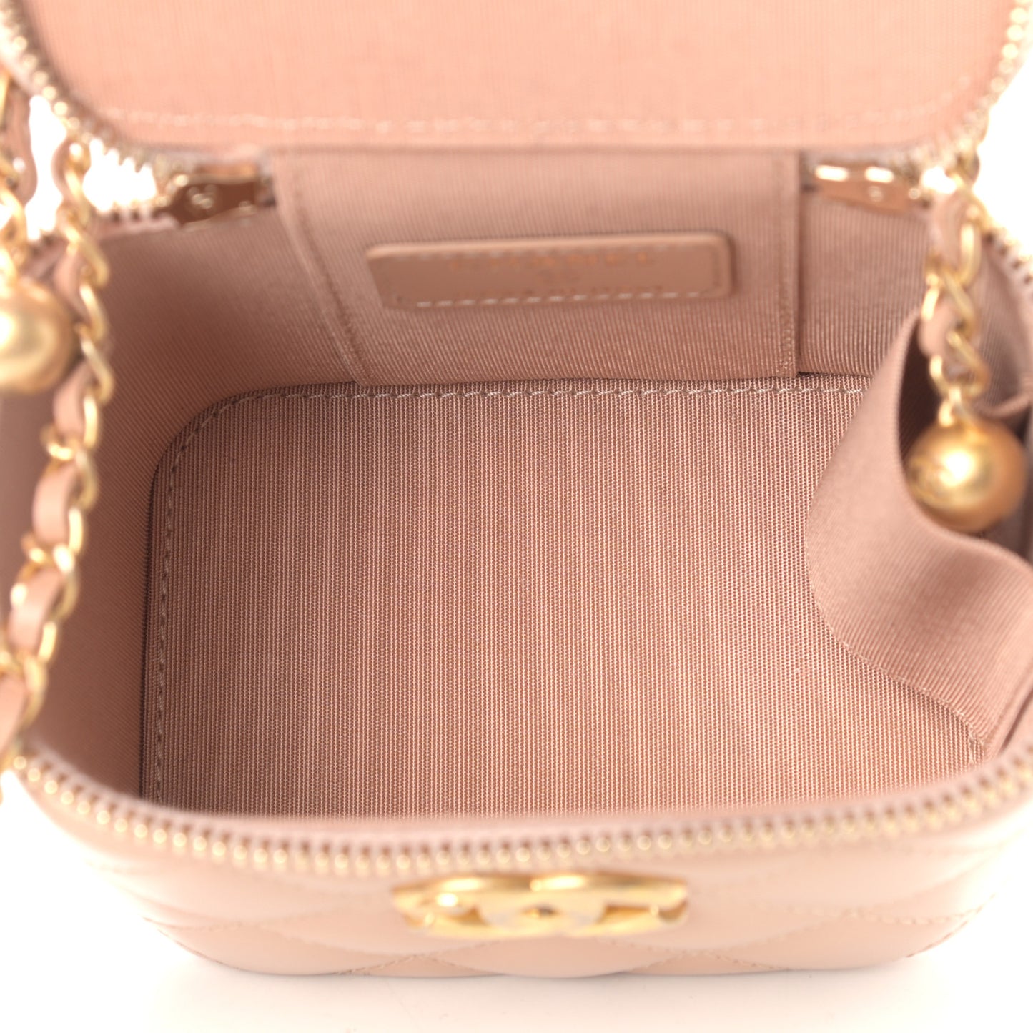 Calfskin Quilted Mini Perfect Fit Vanity Case With Chain Beige