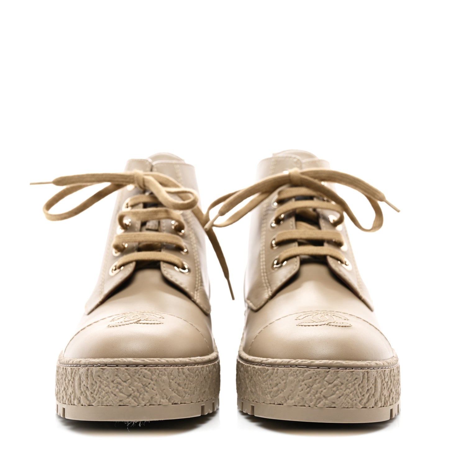 Calfskin CC Turnlock Lace Up Boots 39 Beige