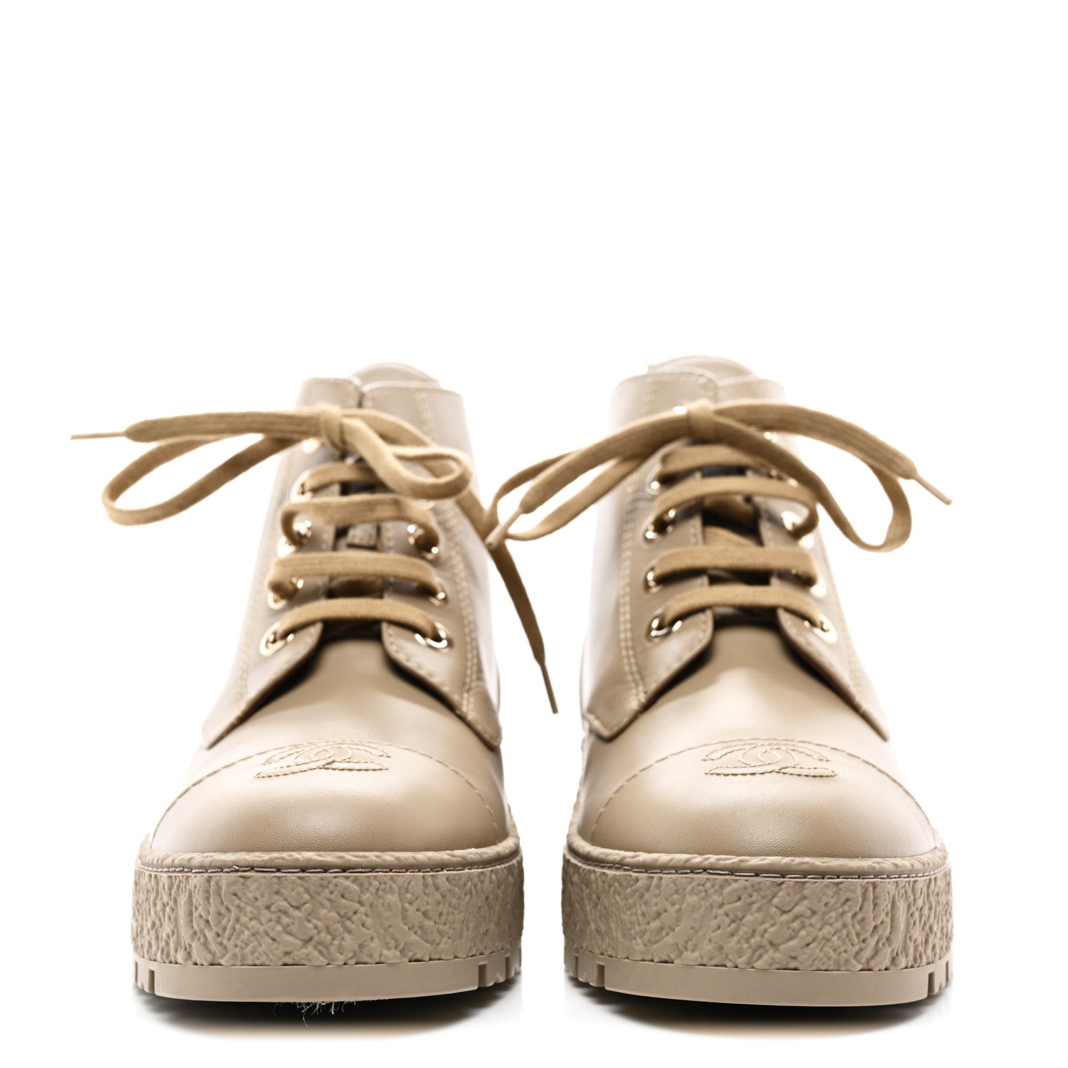Chanel Calfskin CC Turnlock Lace Up Boots 39 Beige 2 of 8