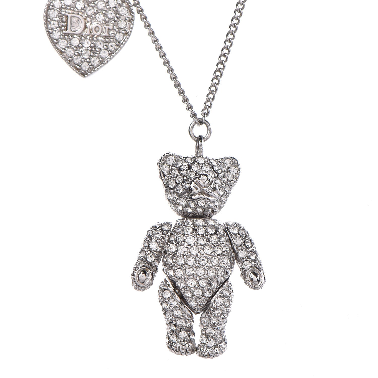 Christian Dior Crystal Teddy Bear Heart Necklace Silver 4 of 6