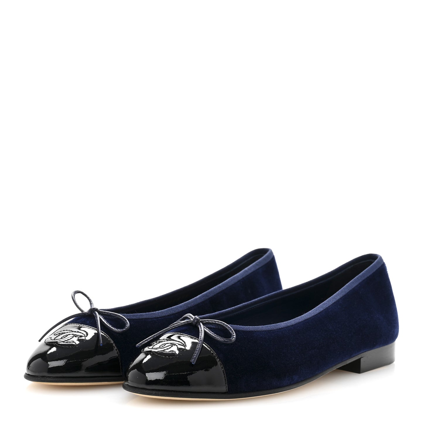 Velvet Patent Calfskin Cap Toe Ballerina Flats 37.5 Navy Black