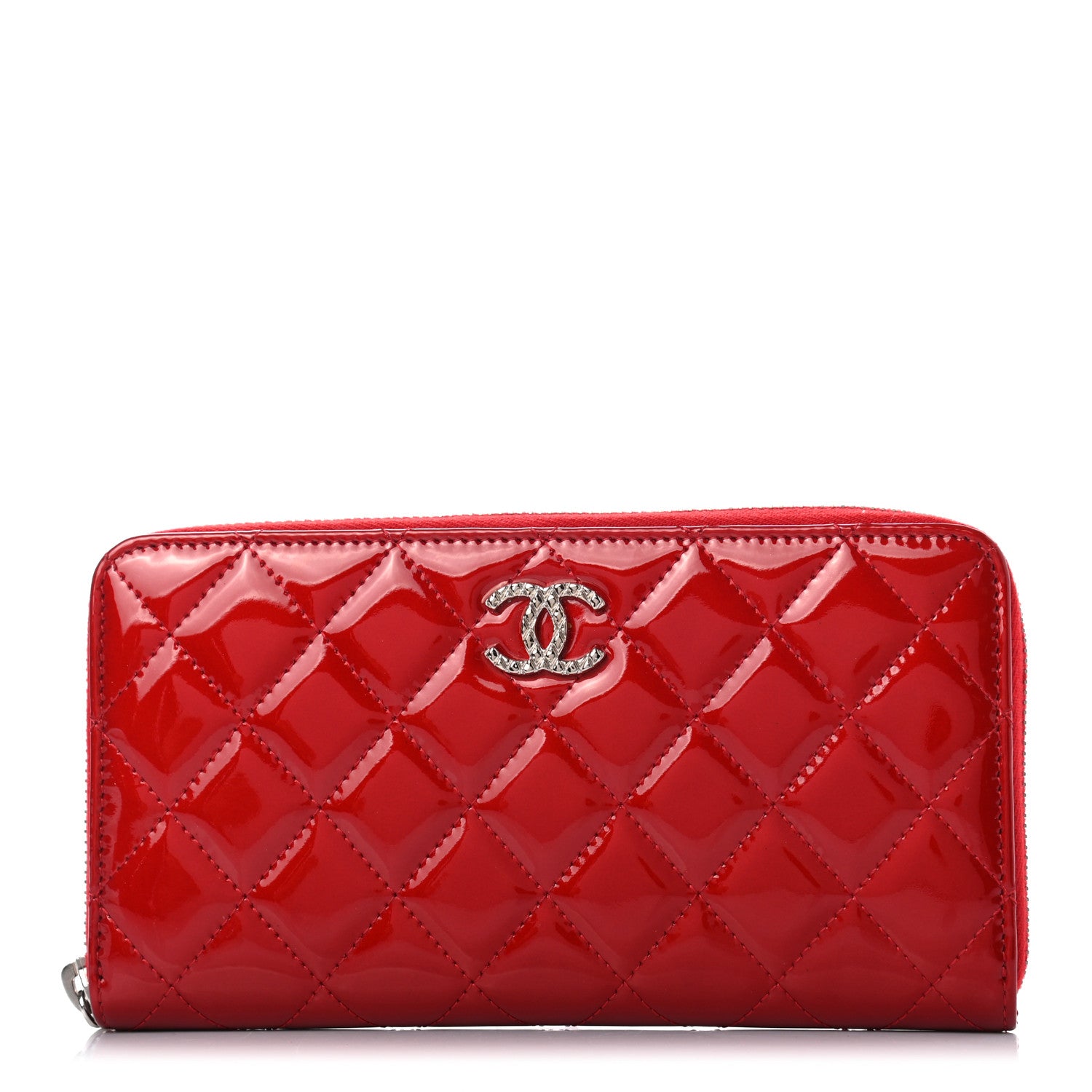 Chanel Patent Quilted Brilliant Zip Around Wallet Red 1 of 9