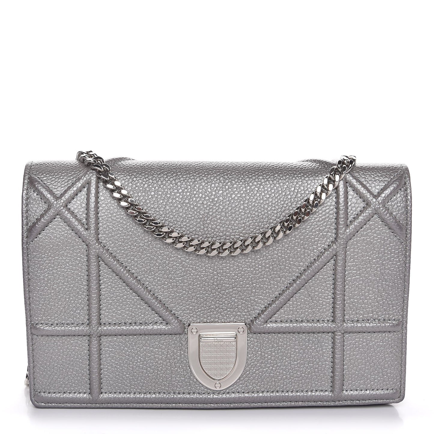 Metallic Grained Calfskin Diorama Wallet on Chain Pouch Silver