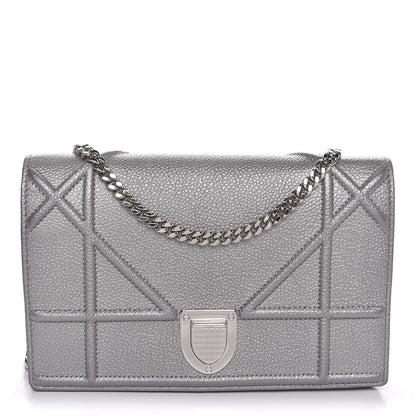 Christian Dior Metallic Grained Calfskin Diorama Wallet on Chain Pouch Silver 1 of 7