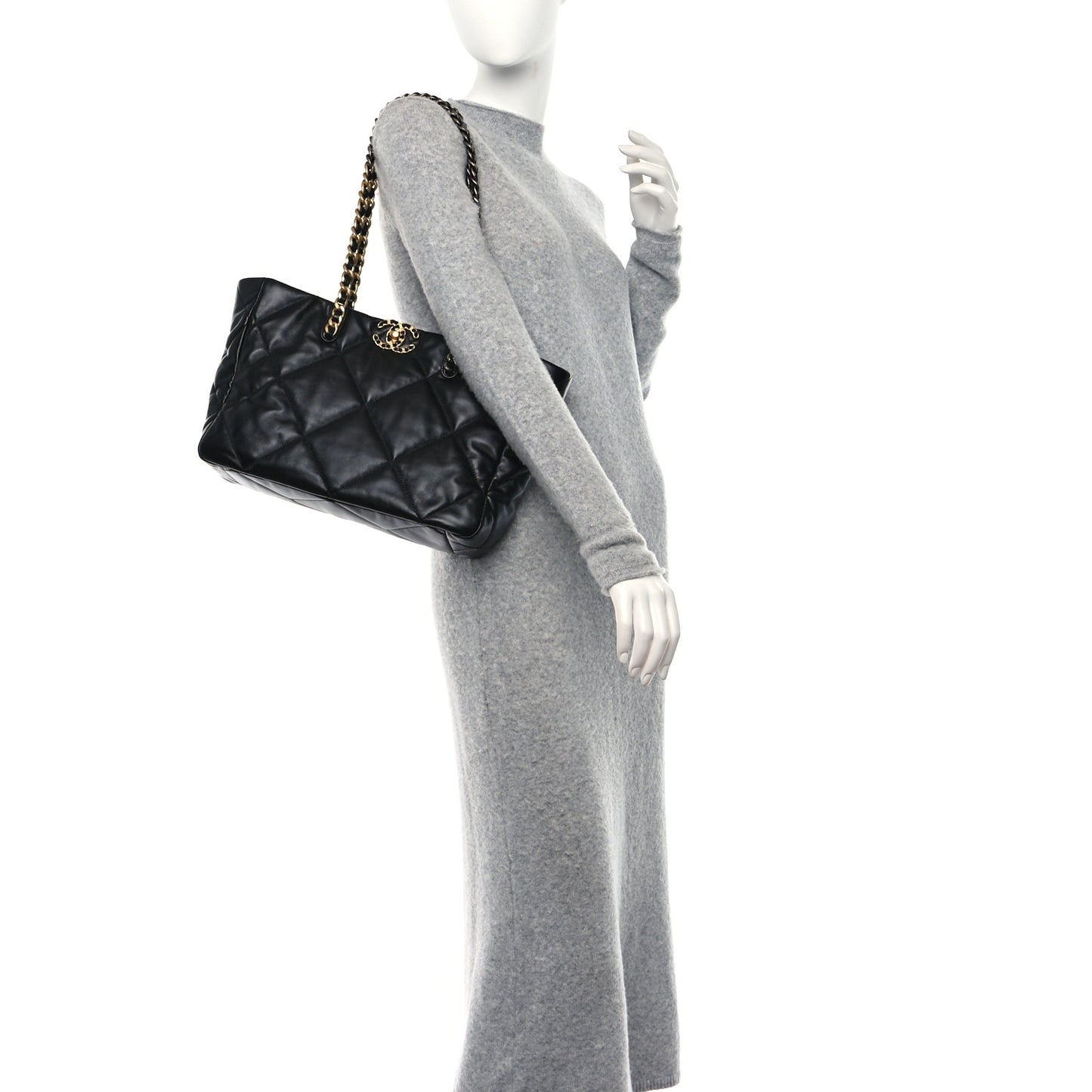 Lambskin Quilted Chanel 19 East West Shopping Bag Black