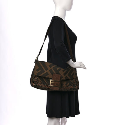 Fendi Fabric FF Diagonal Whipstich Large Convertible Baguette Tobacco 2 of 10