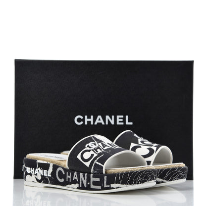 Chanel Fabric Grosgrain Printed CC Espadrille Slip On Sandals 36 White Black 14 of 14
