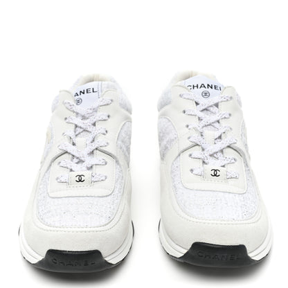 Chanel Painted Iridescent Cotton Tweed Suede Womens CC Sneakers 39 White Silver Multicolor 2 of 9