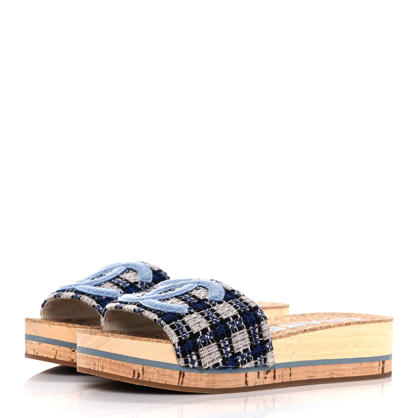 Tweed Mixed Fibers Cork CC Mule Sandal 37 Navy Blue White Blue
