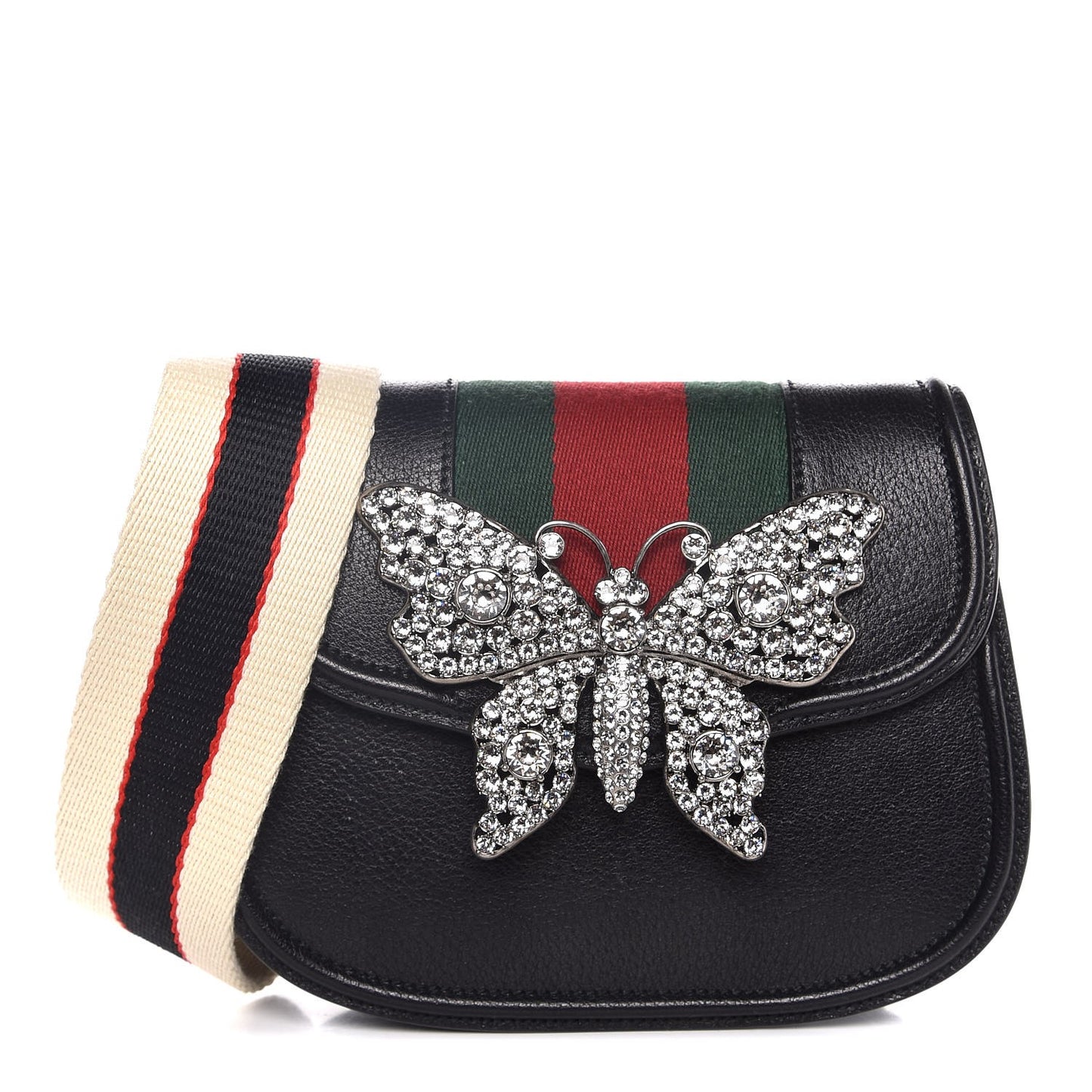 Calfskin Web Crystal Butterfly Stripe Small Totem Shoulder Bag Black