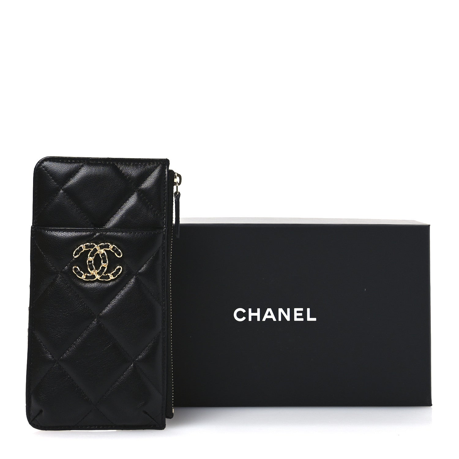 Chanel Shiny Goatskin Quilted Chanel 19 Flat Wallet Pouch Black 8 of 8