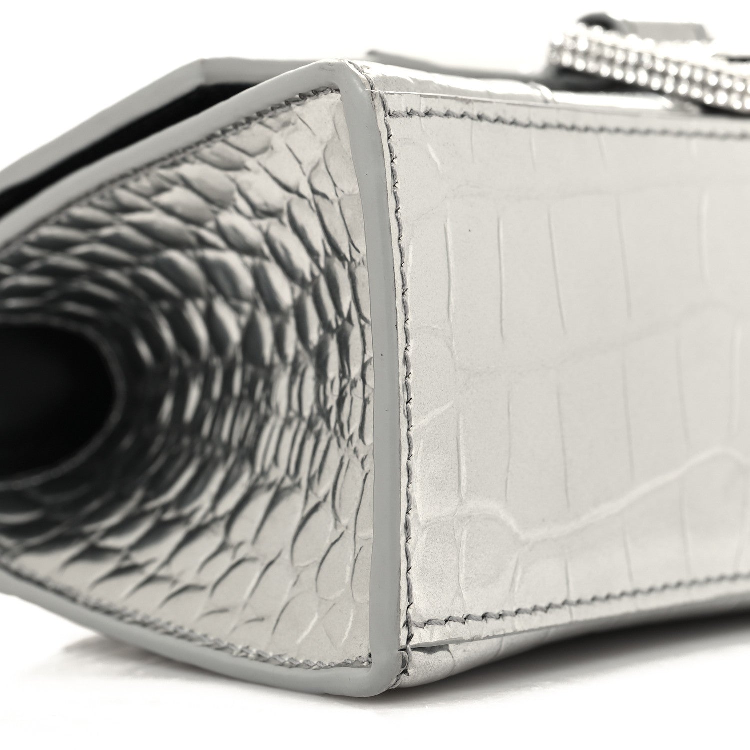 Balenciaga Metallic Calfskin Crocodile Embossed Crystal Hourglass Top Handle Bag XS Silver 9 of 10