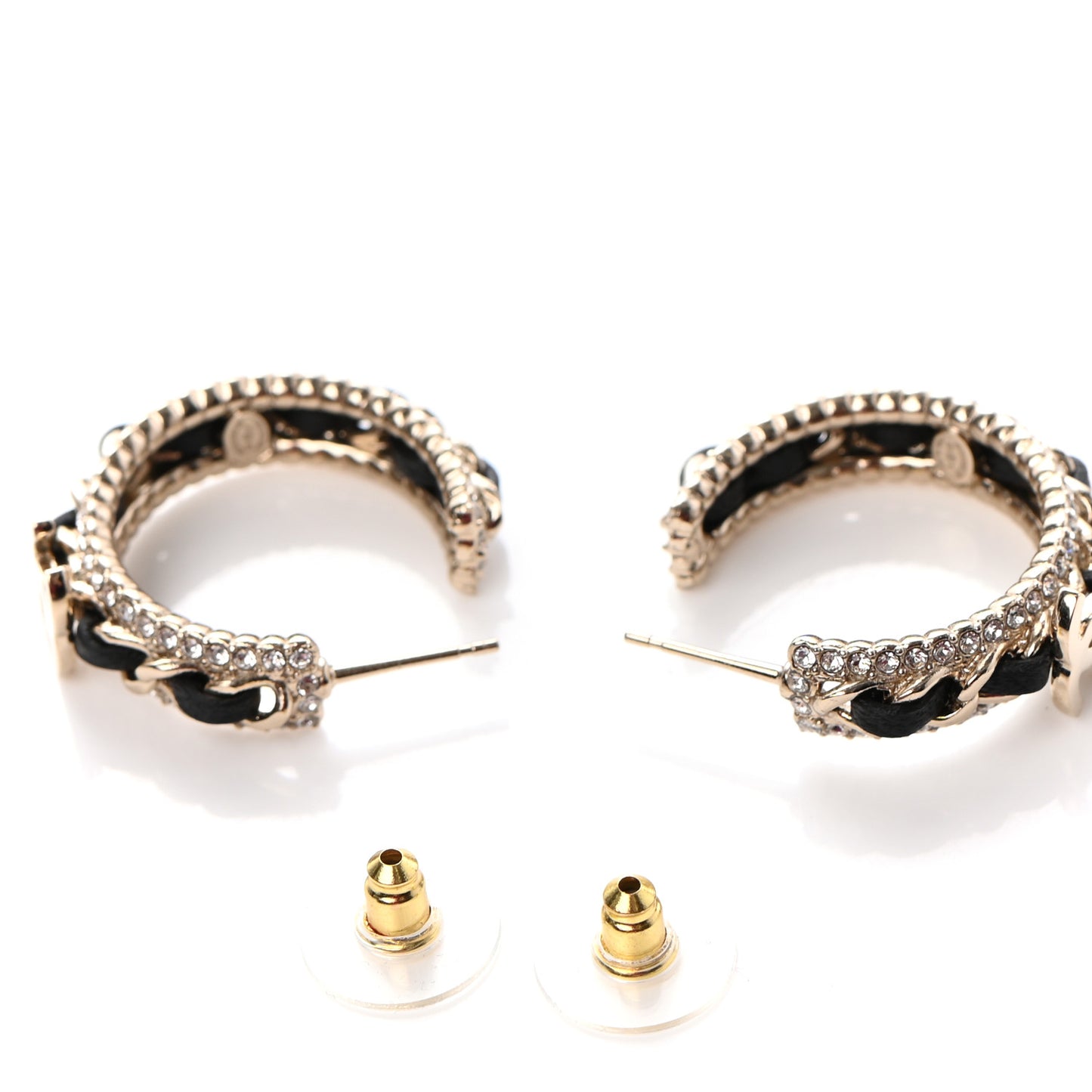 Crystal Lambskin CC Chain Hoop Earrings Gold Black