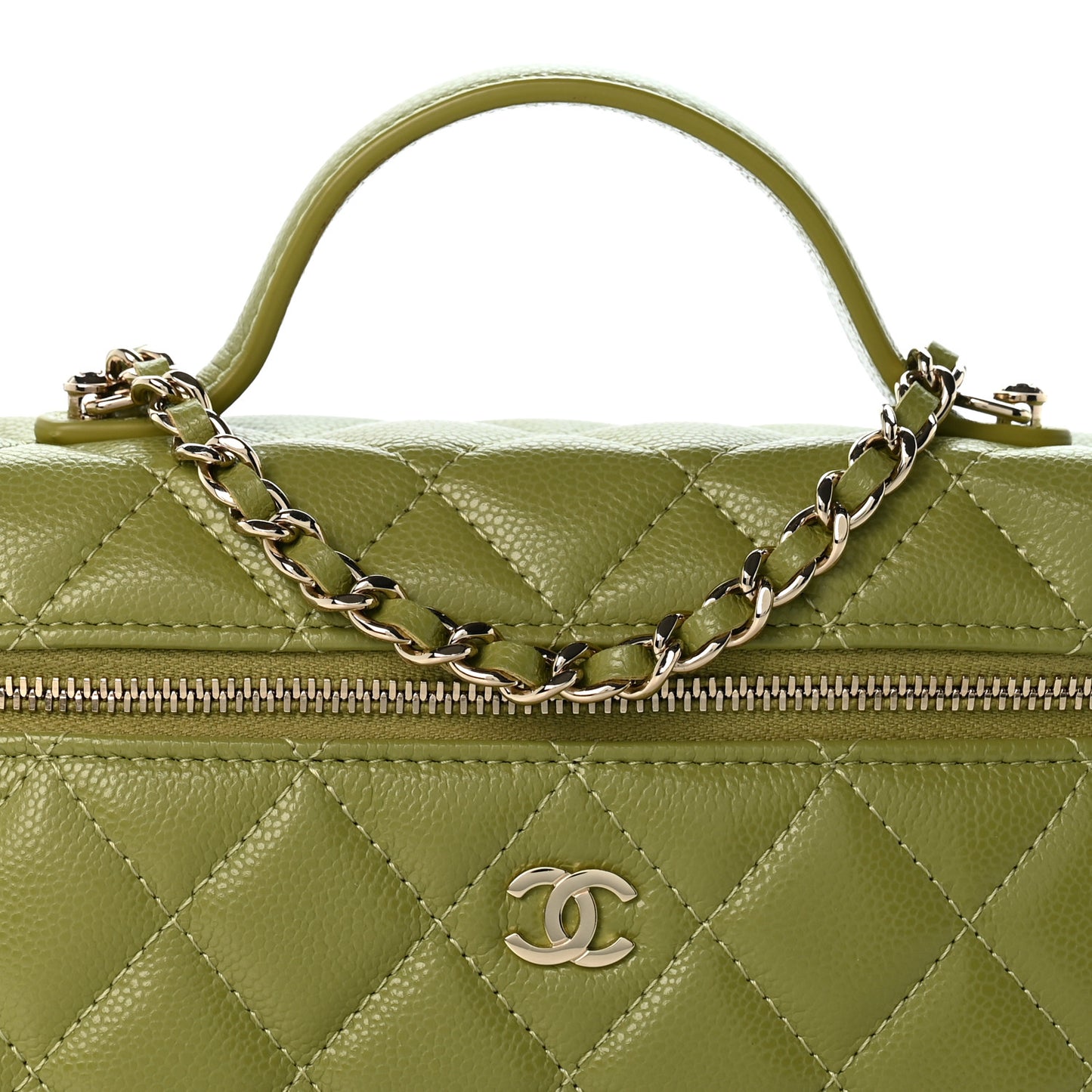 Caviar Quilted Top Handle Slim Vanity With Chain Khaki