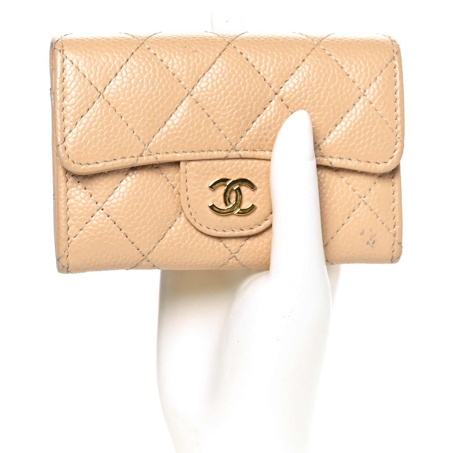 Caviar Quilted Flap Card Holder Wallet Beige